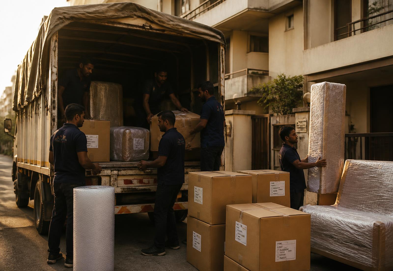 Metro Packer & Mover crew loading labelled cartons into a truck in Vadodara