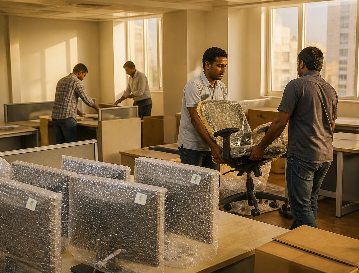 Office relocation in Vadodara with monitors bubble-wrapped and asset-tagged by Metro Packer & Mover
