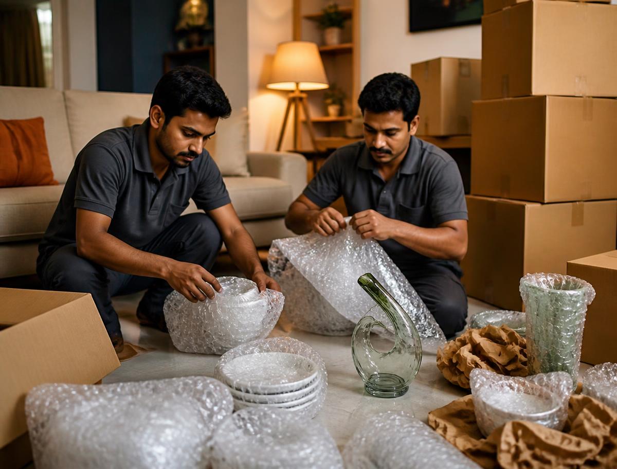 Metro Packer & Mover crew wrapping crockery in bubble wrap during a house shifting in Vadodara