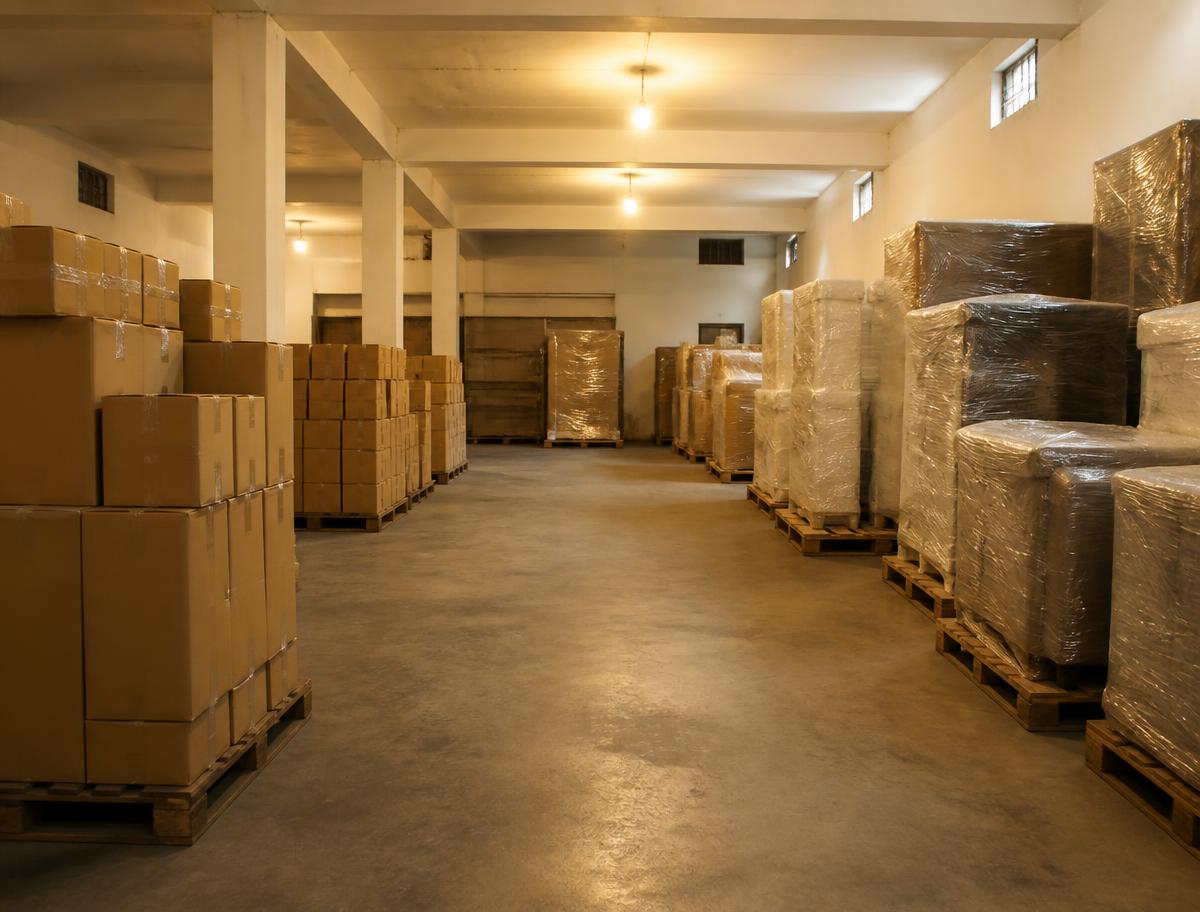 Palletised cartons inside the Metro Packer & Mover storage godown in Vadodara
